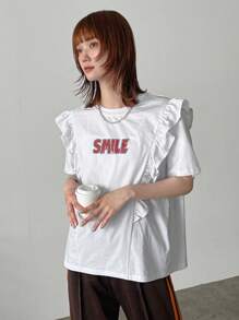 FRIFUL Ladies' Summer Round Neck Short Sleeve T-Shirt With Frill Edging And Letter Print,Ruffle Cute Tops,Graphic Tees