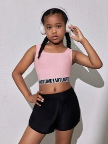 SHEIN Tween Girl Casual Solid Color Simple Letter Printed Tank Top And Pants Two-Piece Athletic Outfit