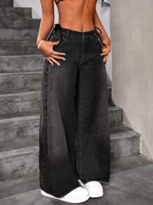 SHEIN ICON 女式宽松阔腿休闲牛仔裤，带口袋，适合日常穿着和旅行，女士休闲纽扣、口袋、拉链低腰阔腿长款深灰色宽松女式牛仔裤，春季/秋季，休闲日常穿着 - 深灰色 - 查看 4