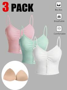 SHEIN Essnce 女性休閒性感修身，吸汗透氣，清爽舒適，加厚，釦扣，好友價值TOP 3件/套夏季免費胸罩 - 彩色 - 查看 1