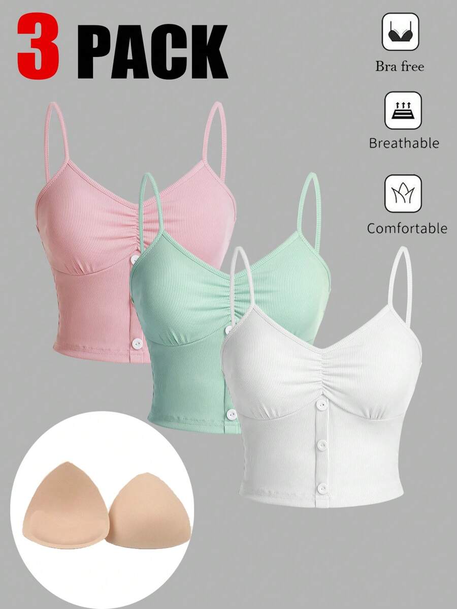 SHEIN Essnce 女性休閒性感修身，吸汗透氣，清爽舒適，加厚，釦扣，好友價值TOP 3件/套夏季免費胸罩 - 彩色 - 查看 1