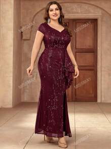 Vestido de fiesta largo con escote de corazón, todo forrado de lentejuelas, con volantes y abertura, vestido de invitada de boda, vestido de noche formal