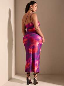 SHEIN BAE Plus Size Women's Summer Elegant Stretch Mesh Marble Print Long Dart Suspender Dress