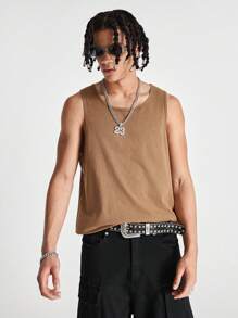 Manfinity VCAY Men's Loose Knitted Acid-Washed Sleeveless Sweater, American Street Fashion For Summer - Khaki - View 4