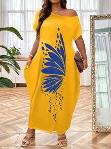 SHEIN LUNE 大尺碼不對稱肩蝴蝶印花斜口袋洋裝