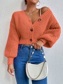 EMERY ROSE Women's Single-Breasted Lantern Sleeve Cardigan With Loose Drop Shoulder Design,Long Sleeve Tops Fall Winter Cloth For Women