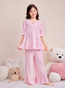 SHEIN Tween Girl Sweet Princess Style Knitted Homewear Pajama Set With Drawstring Round Neck, Bubble Sleeves, Lace And Ruffle Details - Pink - View 1