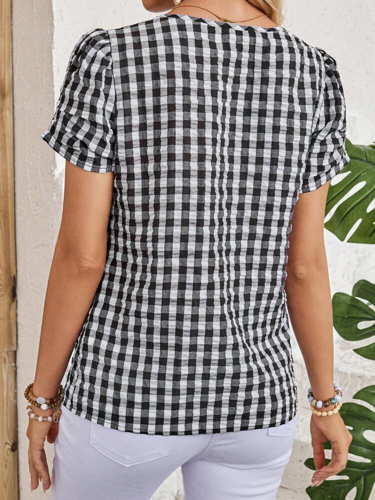 Women's Summer Plaid Notched Neck Short-Sleeved Blouse