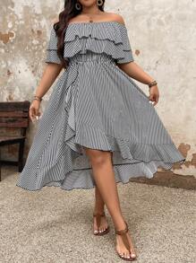 SHEIN Clasi Plus Size Boho Ruffle Striped And Printed Ruffle Hem Casual Summer Dress For Vacation