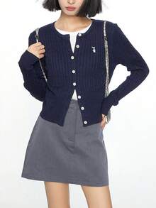 Cárdigan de punto sencillo y casual con cuello redondo y botones delanteros lisos para mujer - Azul Marino - Ver 1