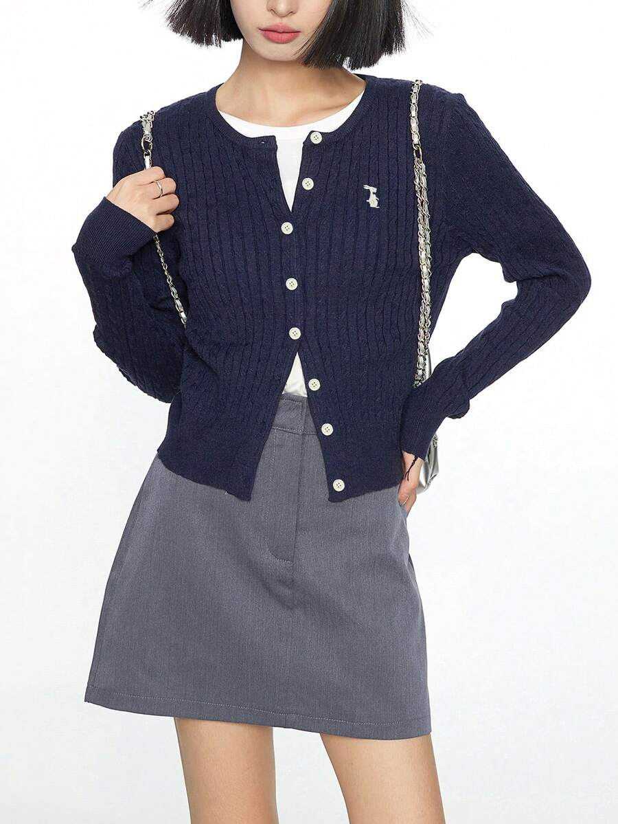 Cárdigan de punto sencillo y casual con cuello redondo y botones delanteros lisos para mujer - Azul Marino - Ver 1
