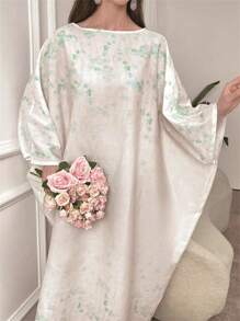 Yasmyna Elegant Floral Printed Batwing Sleeve Long Dress, Spring/Summer - Green - View 6