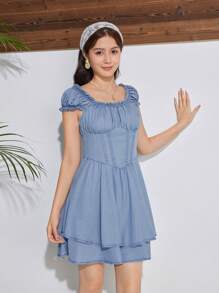 SHEIN Váy denim xẻ tà đôi cho bé gái tuổi teen cho mùa hè hiệu ứng denim - Màu xanh nhạt - Xem 3