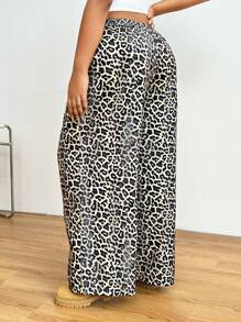 SHEIN EZwear Plus Size Women's Fall Classic Rock Distressed Leopard Print Woven Twill Pants For Back-To-School Season - Multicolor - View 2