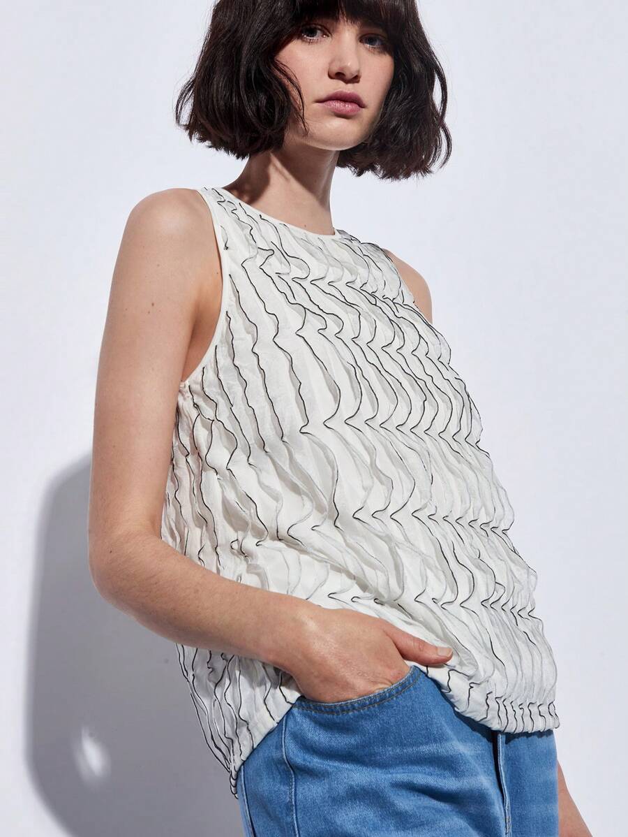 Maija White French Style Women's Casual Loose Tank Top With Multiple Layers And Frill Trim For Summer - Black - View 1