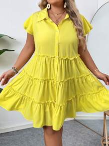 SHEIN CURVE+ 夏季大碼純色分層下擺襯衫連衣裙 - 黃色 - 查看 6