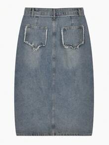Rok Mini Denim Belahan Berumbai Bergaya Vintage, Musim Semi/Panas - Medium Wash - View 2