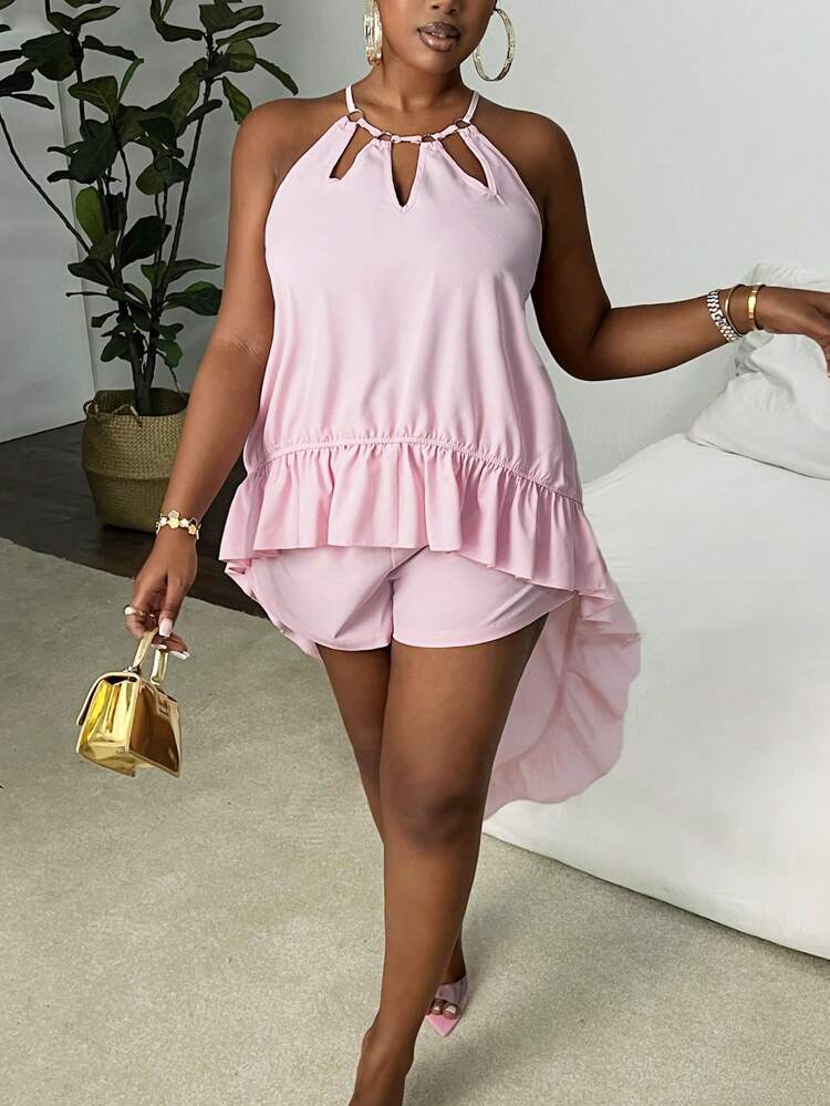 Plus Size Women's Ruffle Trim High-Low Top And Shorts Set, Summer
