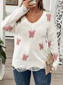 SHEIN LUNE Plus Size Knitted Sweater With Hollow Butterfly Pattern, Color Blocking, V-Neckline And Oblique-Shoulder Design, Can Be Worn Two Ways - Multicolor - View 6
