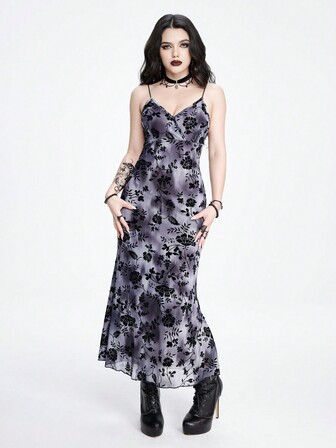 Goth Sexy And Elegant Tie Dye Tie-Dye Full Lace Flower Flocking Cami Dress For Women