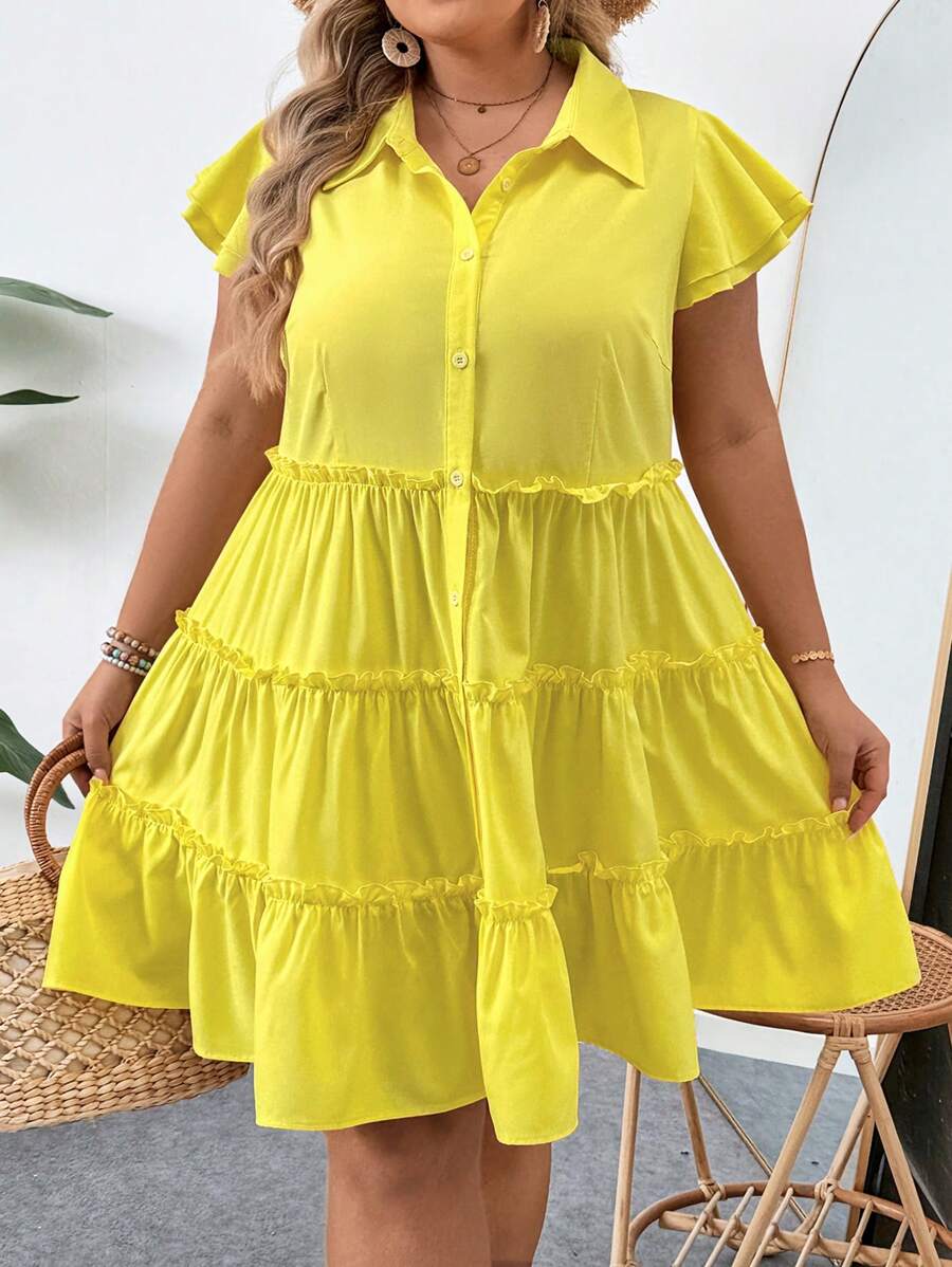 SHEIN CURVE+ 夏季大碼純色分層下擺襯衫連衣裙 - 黃色 - 查看 1