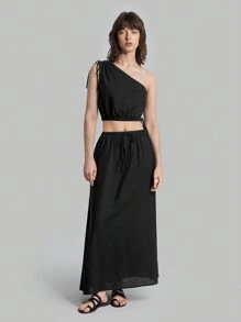 Ontre Women's Summer Solid Color One-Shoulder Crop Top And Long Skirt Set - Black - View 3