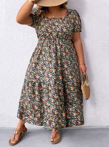 SHEIN CURVE+ Plus Size Women's Summer Casual Daily Dress, Random Print And Simple Style Women Outfit