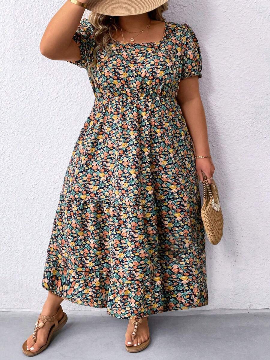 SHEIN CURVE+ Plus Size Women's Summer Casual Daily Dress, Random Print And Simple Style Women Outfit