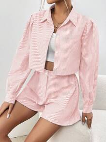 SHEIN Essnce 女士条纹衬衫+短裤两件套，商务装 - 淺粉色 - 查看 3