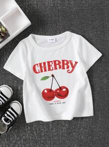 SHEIN 寶寶女孩休閒字母印花短袖T恤，夏季 - 白色 - 查看 3