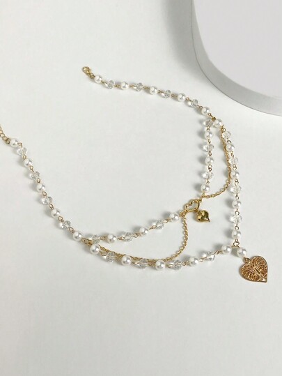 Fairycore 1pc Women's Fresh Style Multi-Layered Necklace With Hollow Butterfly, Heart-Shaped Pendant, Pearls, And Crystals