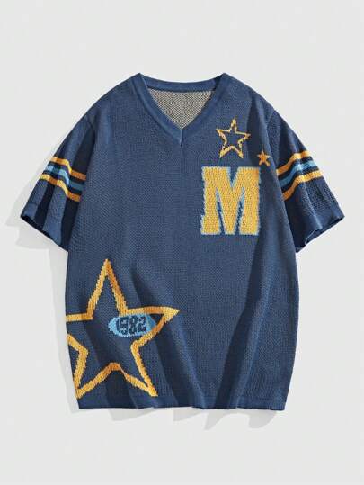 Prep Men's Spring/Summer Casual V-Neck Contrast Striped Knitted Sweater With Star & Letter Jacquard