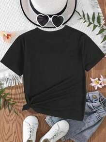 SHEIN Kleine Mädchen lässiges, florales Kurzarm T-Shirt mit Buchstaben-Slogan-Muster