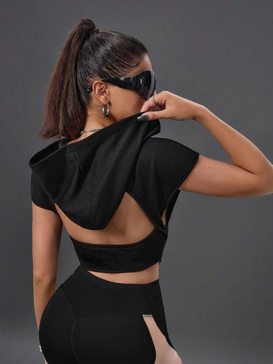SHEIN Sport Innovista Backless Zipper Hoodie Sweatshirt Corset TShirt