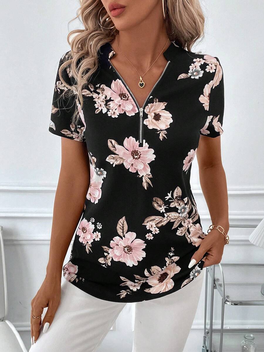 SHEIN Clasi Women's Short Sleeve Square Neck Black & White Printed T-Shirt - Black and White - View 1