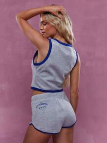 MISSGUIDED Contrast Binding Jersey Tank Top And Shorts With Drawstrings Co-Ord - Grey - View 2