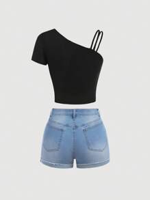 SHEIN Girlism Teen Girls' Denim Effect Solid Top And Distressed Blue Denim Shorts 2pcs/Set - Multicolor - View 2