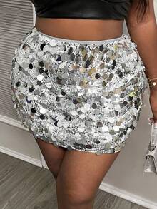 Slaydiva Plus Size Sparkly Silver Slim Fit Sequins Mini Skirt, Autumn/Winter - Silver - View 3
