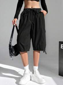 SHEIN EZwear Shorts de pierna ancha de talle alto y cordón en unicolor para mujer de verano