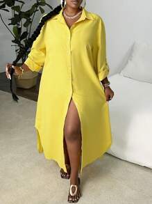 Slaydiva 大码优雅休闲夏季/秋季黄色衬衫式连衣裙，正面带纽扣-Z - 黃色 - 查看 4