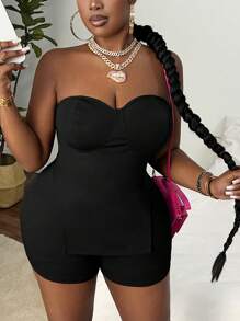 Slaydiva 大尺碼女士時尚純色針織無肩帶上衣和短褲套裝 - 黑色 - 查看 6