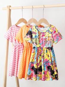 Bộ váy ngắn tay in hình trái tim sọc thường ngày cho bé gái, mùa hè - Nhiều màu - Xem 1