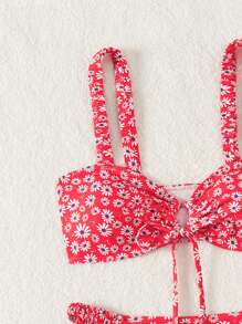 SHEIN Swim 女式夏季海灘雛菊印花前扣綁帶內衣和比基尼底部性感比基尼套裝，隨機印花 - 彩色 - 查看 5