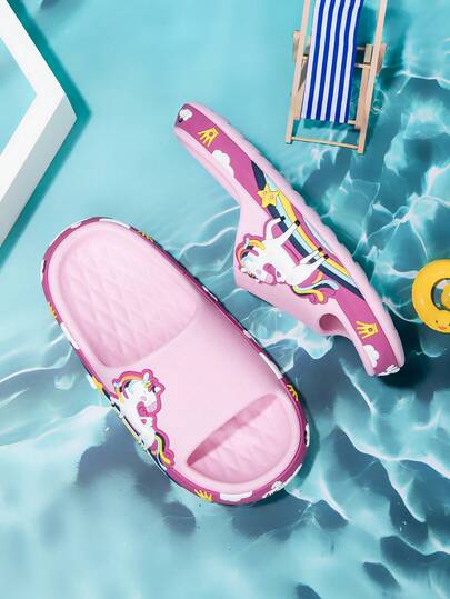1 đôi dép đi trong nhà thoải mái và thời trang cho trẻ em, hình hoạt hình kỳ lân dễ thương màu xám và máy xúc, chất liệu xốp nhẹ, thích hợp cho mùa xuân/hè.