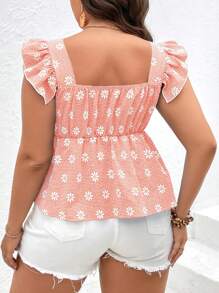 Dreamara Plus Size Vacation Casual Gingham Daisy Print Ruffle Hem Shirt - Pink - View 2