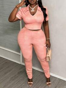 Slaydiva Casual Women's Plus Size Texture Printed V-Neck Collared Slim Fit Split Two-Piece Set - C - Dusty Pink - View 6