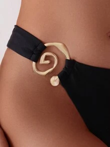 SHEIN Swim Women's Solid Color Minimalist Daily Wear Bikini Bottom With Gold Ring Buckle Summer - Black - View 4