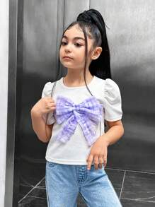 SHEIN Áo thun ngắn tay công chúa lưới 3D thanh lịch dành cho các cô gái trẻ - trắng - Xem 1