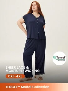 LUVLETTE Women Dark Blue Plus TENCEL™ Modal Lace Short Sleeve Shirt & Pants Women Pajama Set Lounge Set Lingerie