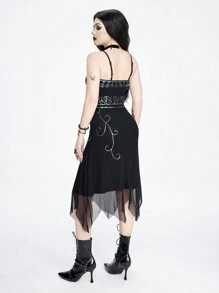 ROMWE Goth Sexy Women's Gothic Vampire Sequin Embroidery Asymmetrical Hem Party Cami Dress